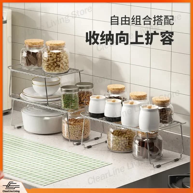 Japanese Style 304 Stainless Steel Kitchen Rack Stackable Seasoning Bottle Cup Storage Organizer Pot Shelf for Small Space