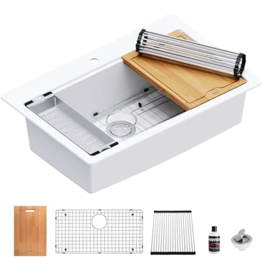 33" Top Mount Quartz Composite Workstation Kitchen Sink, Drop-In Single Bowl with Cutting Board, Roll-Up Drying Mat, Colander