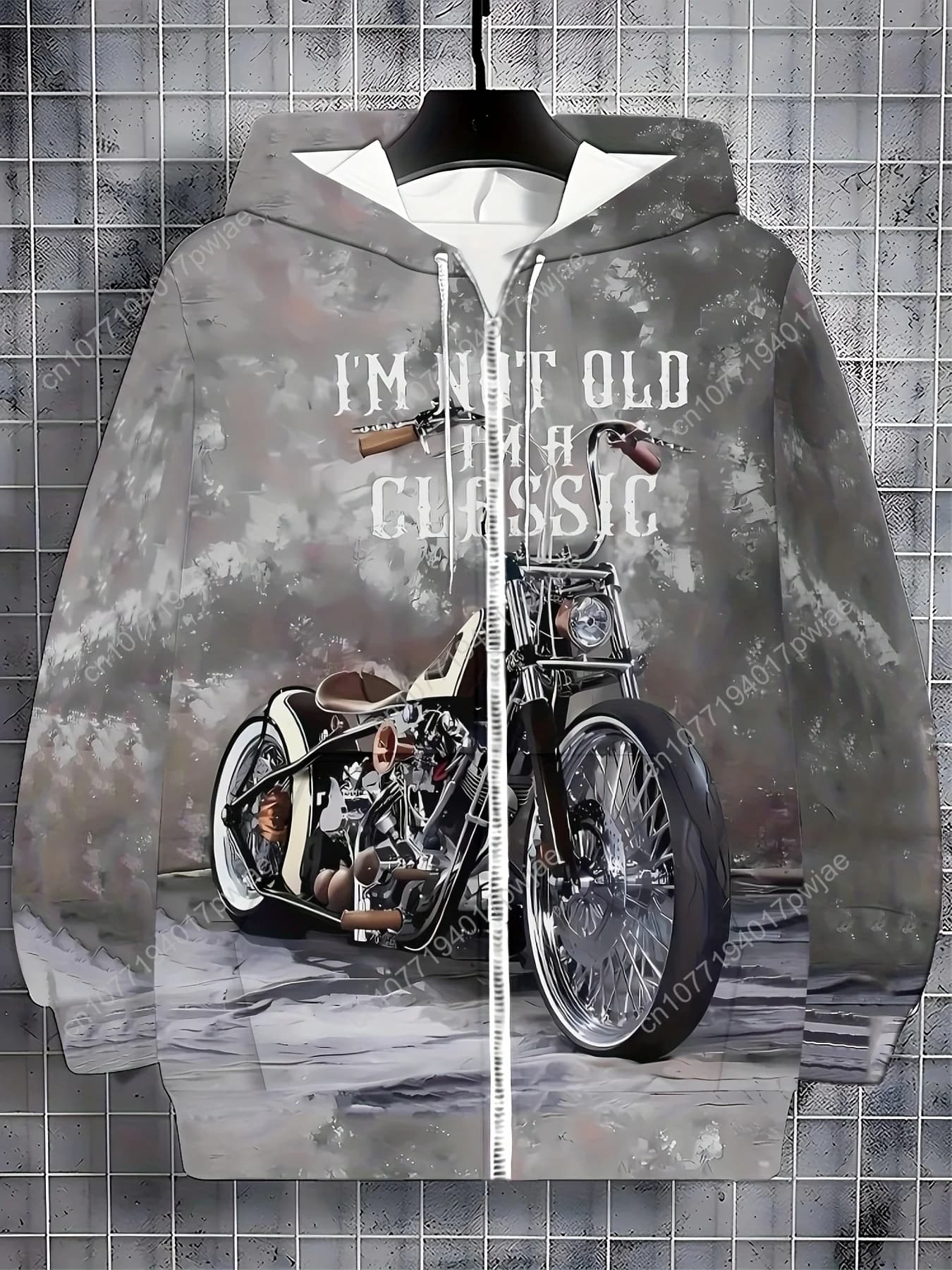 [Felpa with hood with motorcycle print] Zip-up hoodie with 100% polyester lightweight motorcycle print | Vintage inspired geometric design, R