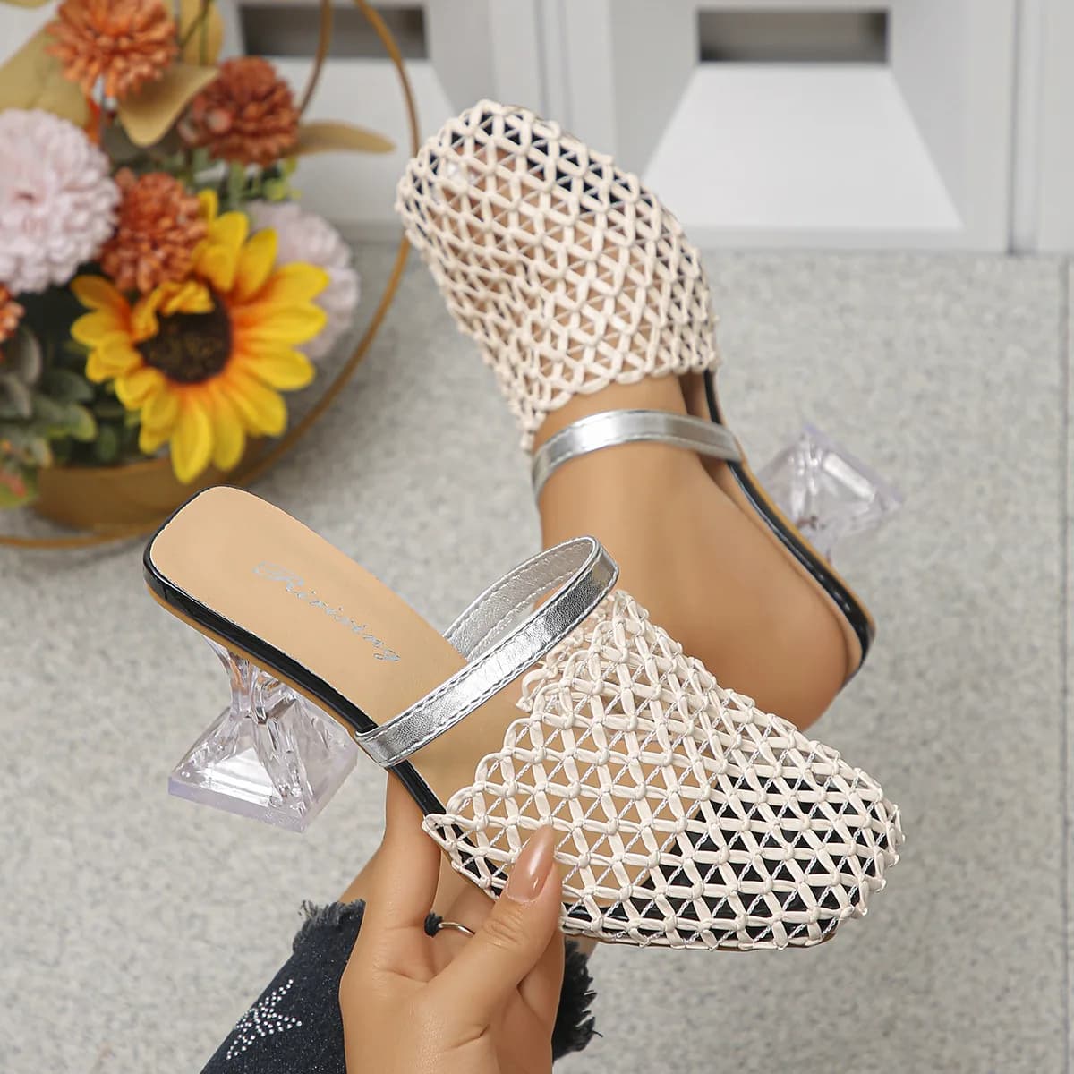 Summer 2026 Women's Casual Baotou Hollow Fishing Net High Heel Sandals Comfortable Design for Fashionable Footwear
