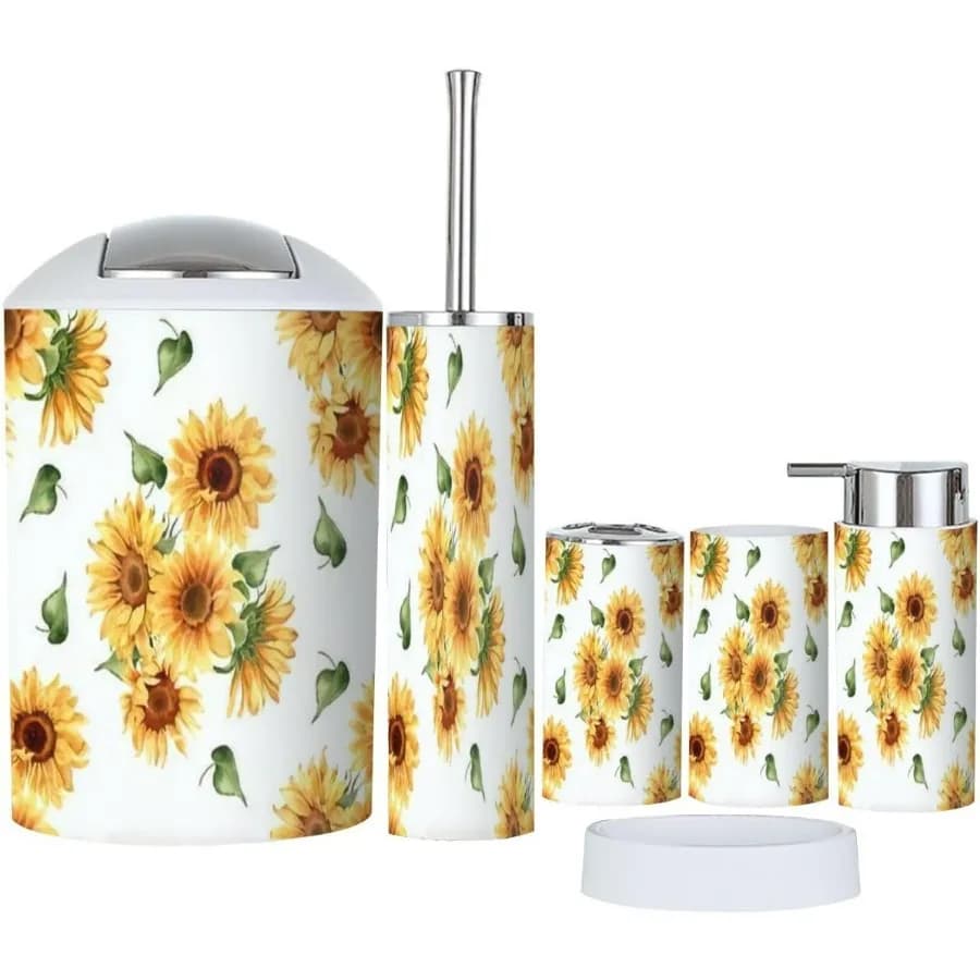 Set di Accessori per il Bagno 6 Pezzi Giallo Girasole Estivo con Portaspazzolino, Bicchiere per Spazzolino, Dispenser Sapone, Portasapone