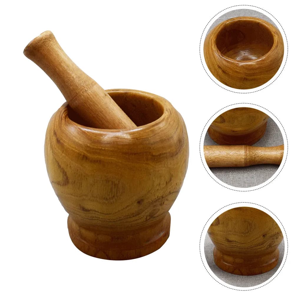 Set di 1 Mortaio e Pestello in Legno Naturale Premium Riutilizzabile per Schiacciare Aglio, Spezie, Pillole e Condimenti