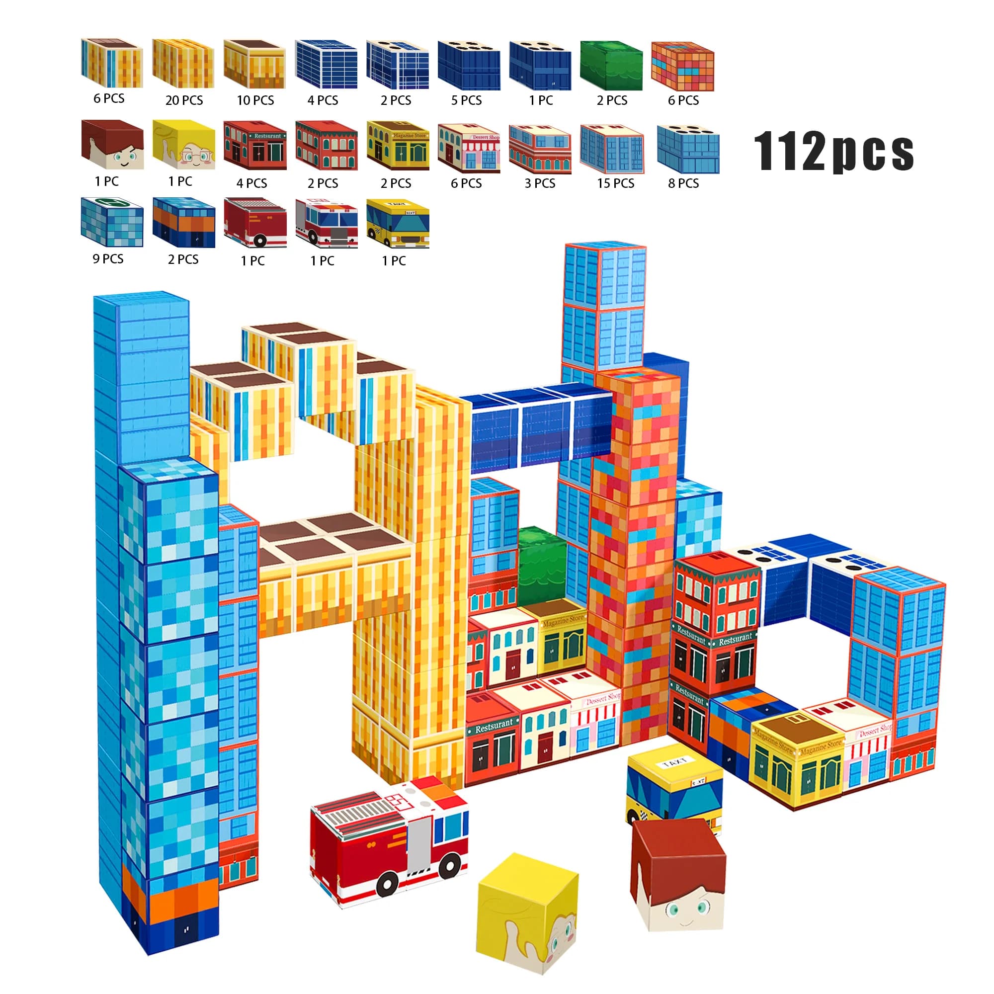 Set di blocchi magnetici da 112 pezzi, piastrelle magnetiche 3D per giocattoli STEM per bambini, kit di costruzione castello/torre, apprendimento educativo T