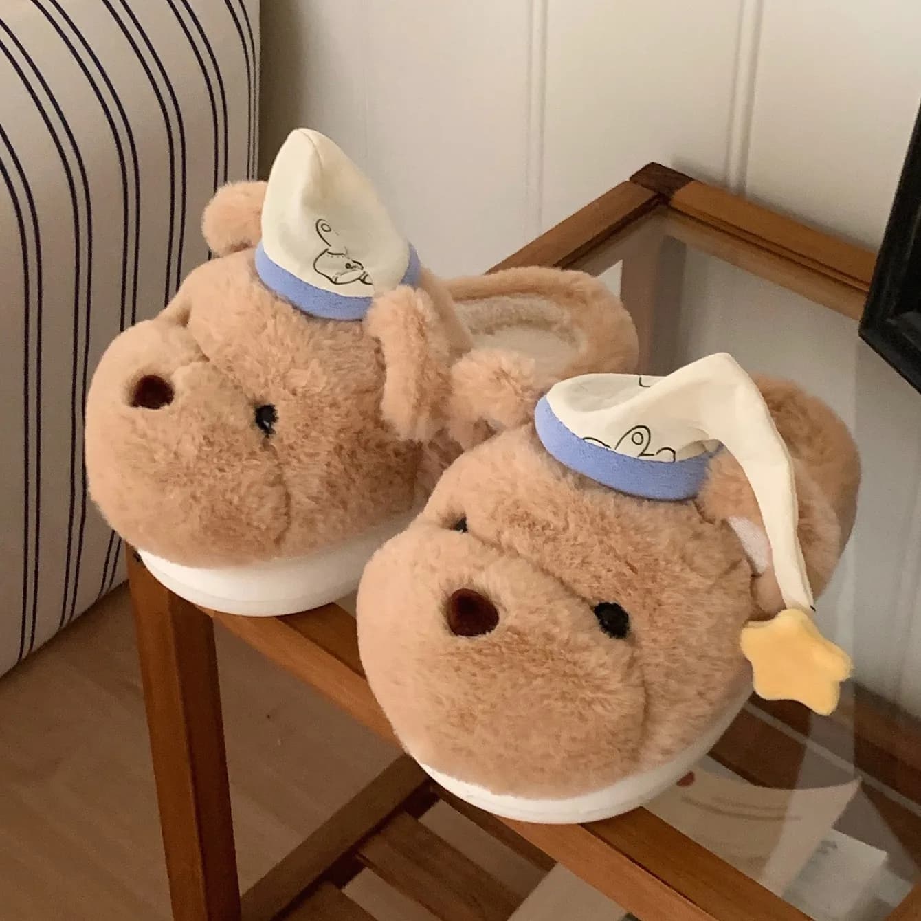 Women's Fur Home Slippers Casual Cute Night Cap Shaped 3D Bear Design Cachi Winter Interior Non-slip Soft Hot Soles Comfortable House
