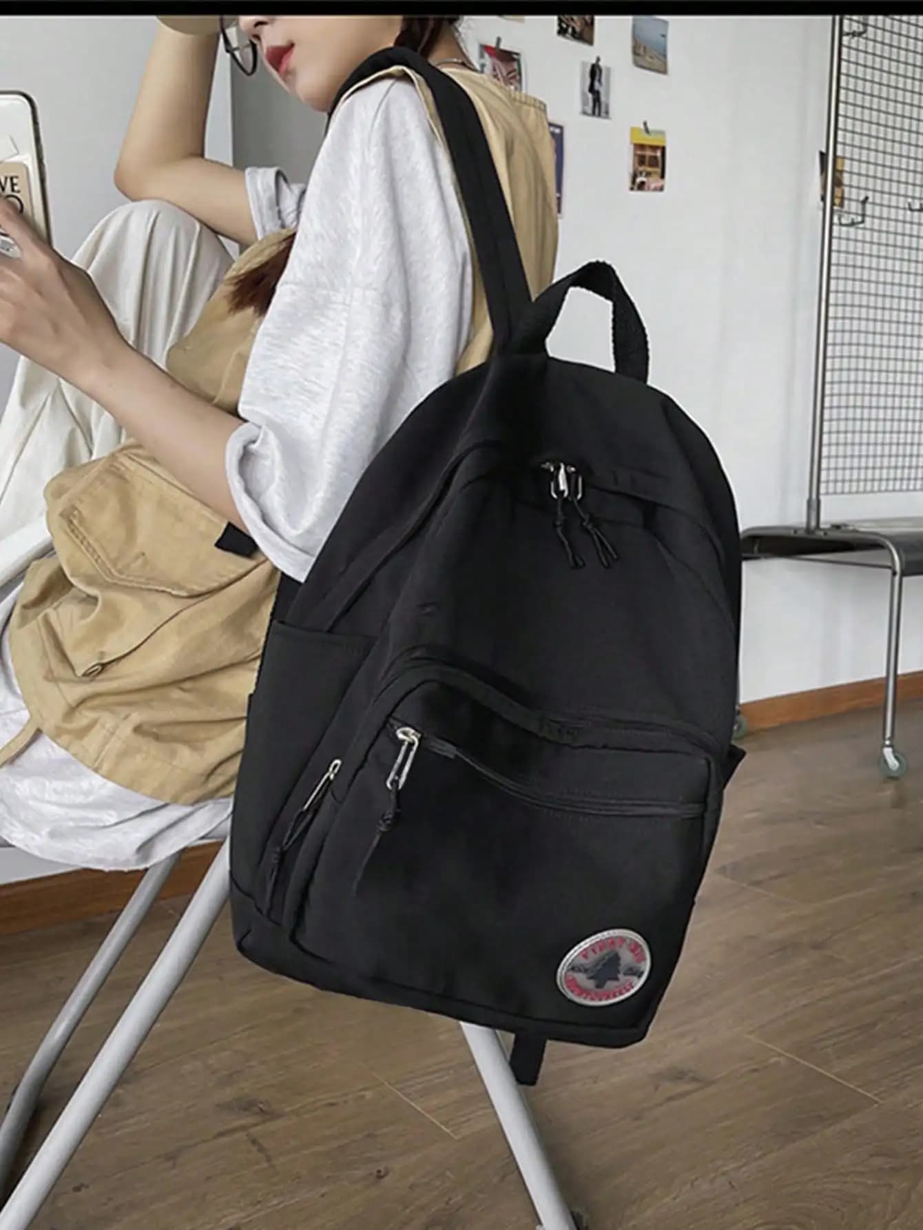 Solid Color Letter Logo Laptop Bag, Large Capacity Multi-Pocket Compartment Zipper Handheld Shoulder Backpack, Suitable For Women And Teenagers sg2406242626122844