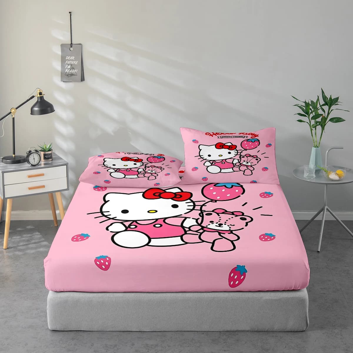Set di lenzuola con stampa digitale ad alta definizione in 3 pezzi, set di lenzuola con motivo Hello Kitty e orsetto, set di lenzuola con stampa floreale grande, include 1 lenzuolo con angoli + 1/2 federa, adatto per camera da letto, camera degli ospiti, decorazione domestica, lenzuolo con angoli in fibra di poliestere + federa, biancheria da letto ultra morbida, tessuto spesso e ultra morbido, confortevole per tutte le stagioni, lavabile in lavatrice