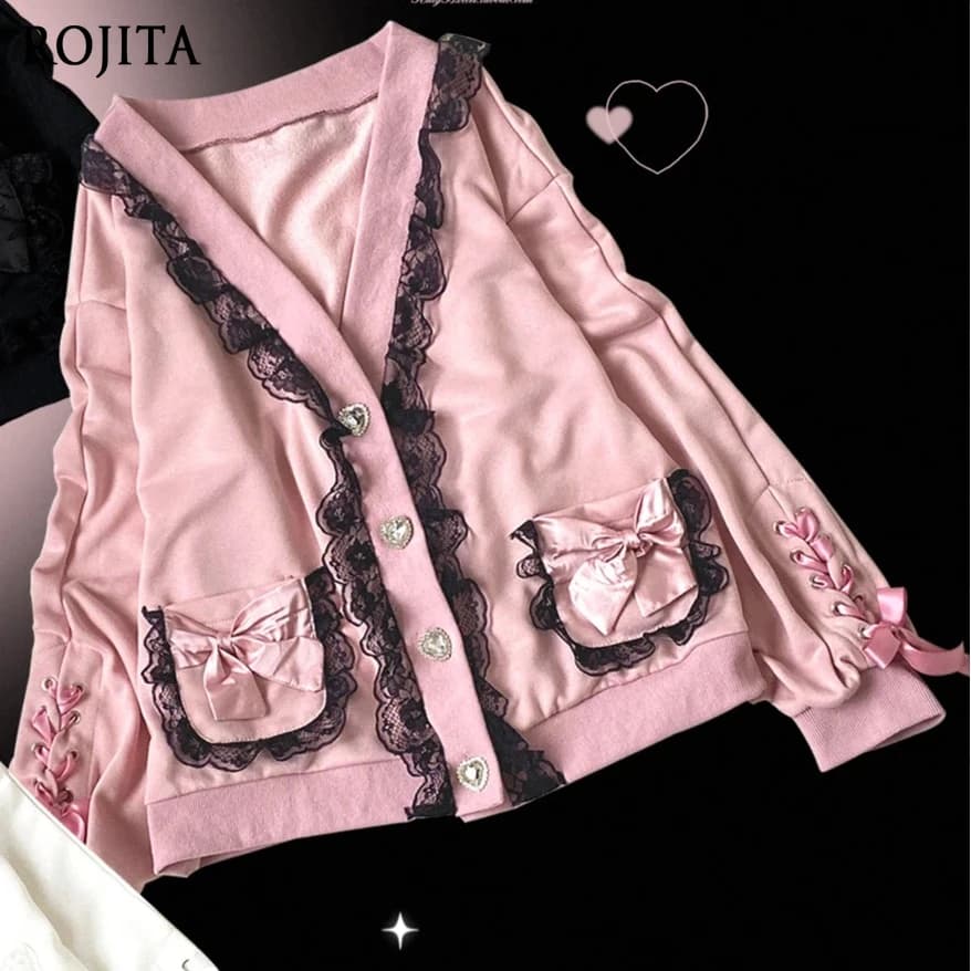 Japanese Mine Lace Bow Bandage Cardigan Jacket Women's Sweet Cute Dating Kawaii Long-sleeved Top 2025 Spring New V Neck Coat