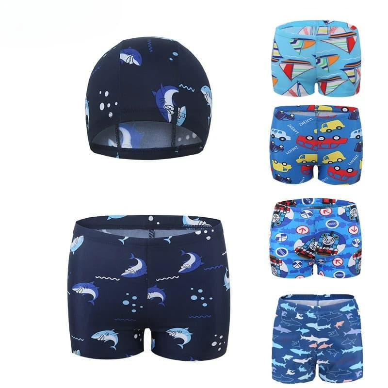 Two-piece swimsuit for children 2026: New comfortable and breathable shorts with cartoon print and swim hat