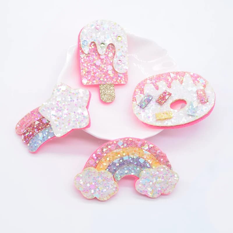 8Pcs Glitter Leather Meteor Rainbow Ice Cream Doughnut Applique for DIY Clothes Hat Headwear Hair Clips Bow Decor Accessories
