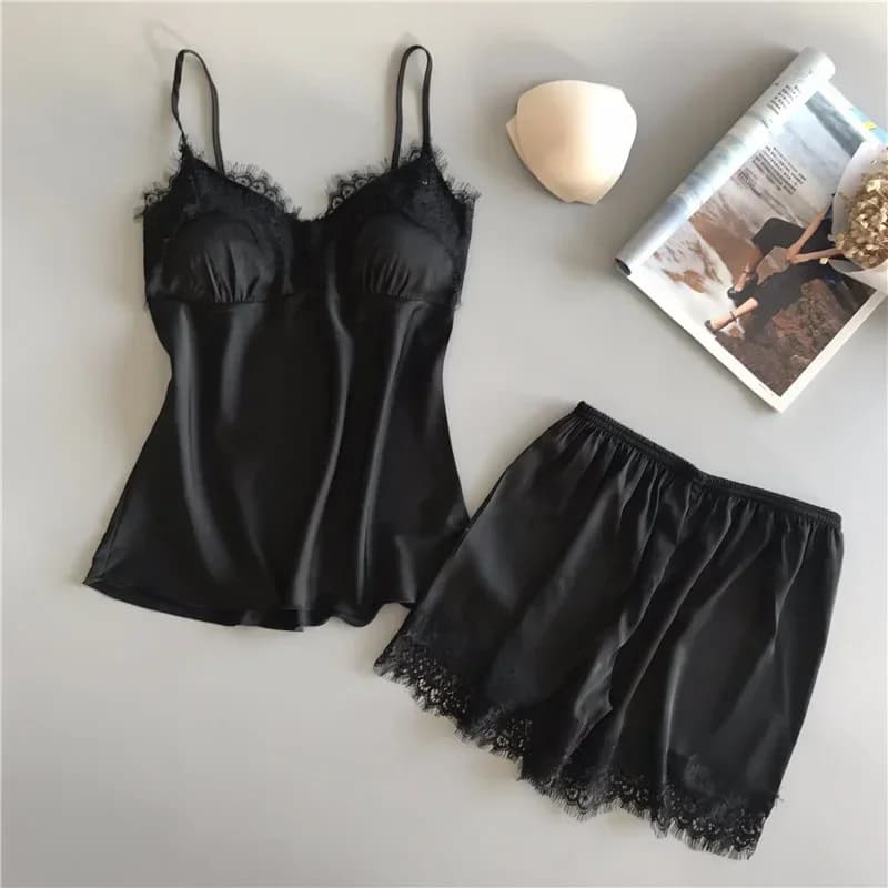 Set pigiama da donna, pigiama sexy in pizzo con scollo a V alla moda, set pigiama con pantaloncini, top in seta ghiaccio e pantaloni pigiama