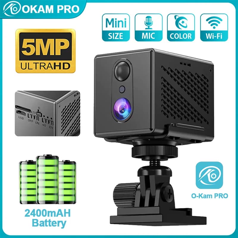Telecamera di Sorveglianza Wireless OKAM PRO 4G HD 5MP, Mini Telecamera WiFi con Batteria da 2400mAh, Rilevamento PIR e Protezione di Sicurezza