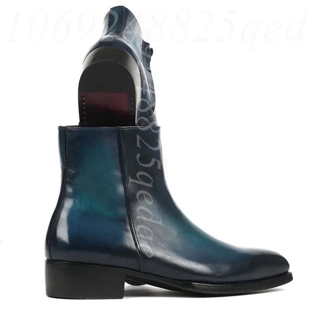 Stivaletti da uomo con punta affusolata blu sfumato lucidati a mano, stivali Chelsea con cerniera laterale e finitura brunita, scarpe con tacco basso a blocco
