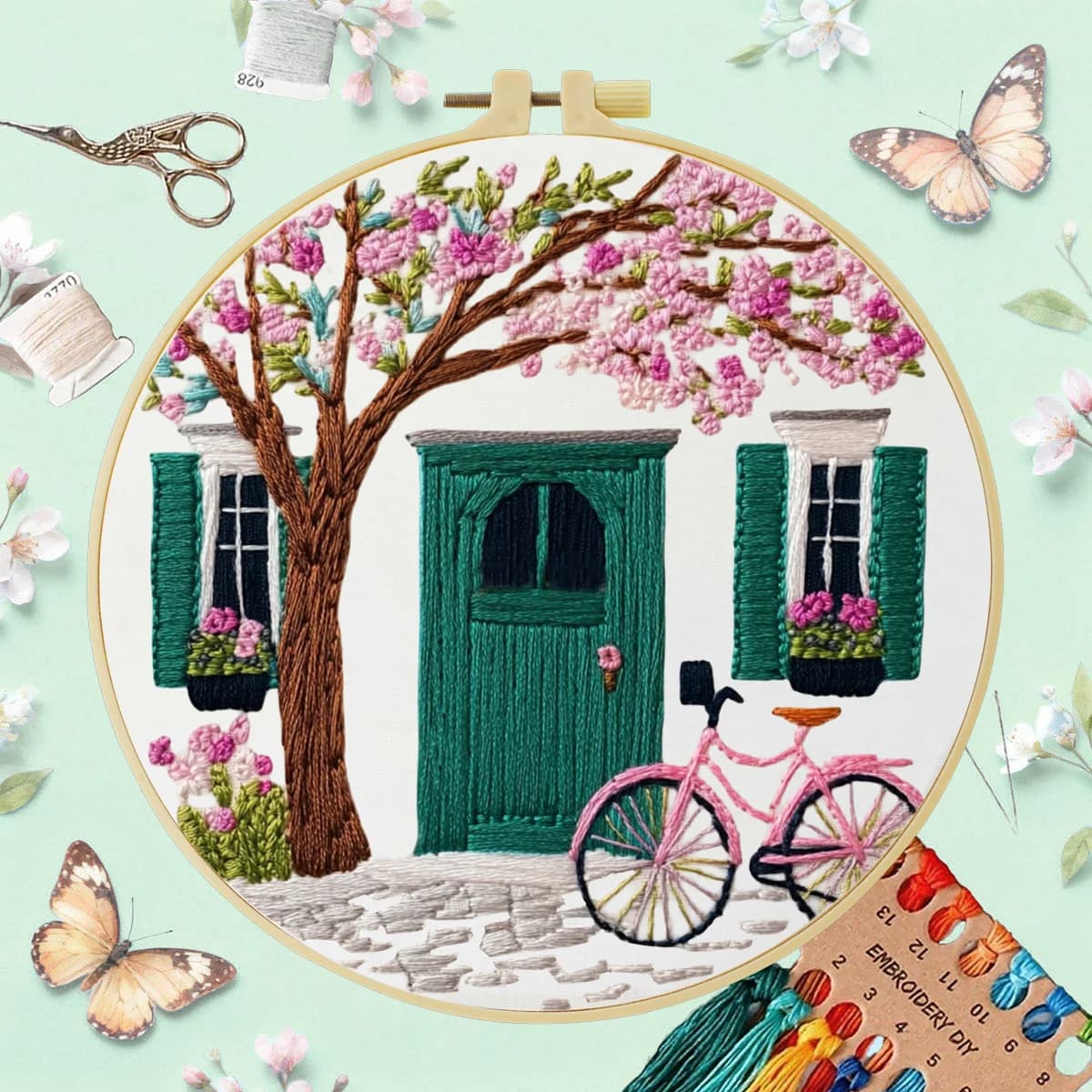 1pc 20X20CM/15X15CM Embroidery Starter Kit DIY kit cross stitch Sewing Art-The bicycle next to the house