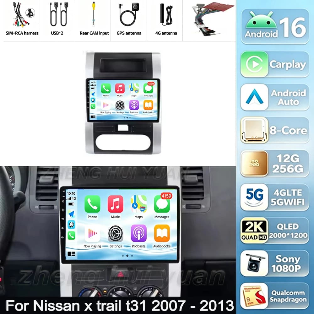 Android 16 For Nissan x trail t31 2007 - 2013 Car Radio Stereo Multimedia Player GPS Navigation Wireless CarPlay Android Auto