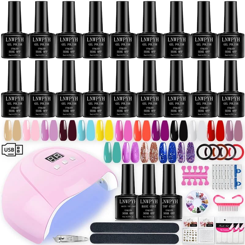 Set di smalti per unghie gel Kit di smalti gel da 18 colori con lampada per unghie a LED Soak OFF Kit per unghie gel Base e top coat Set di strumenti per unghie per smalto gel