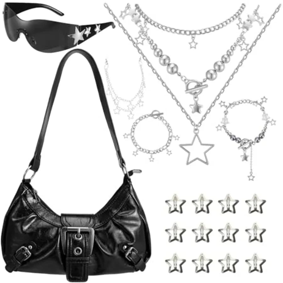 Y2k Purse Shoulder Bag for Women Girl Y2k Accessories Vintage Hobo Handbag Silver Necklace Grunge Layered Necklace Sunglasses S