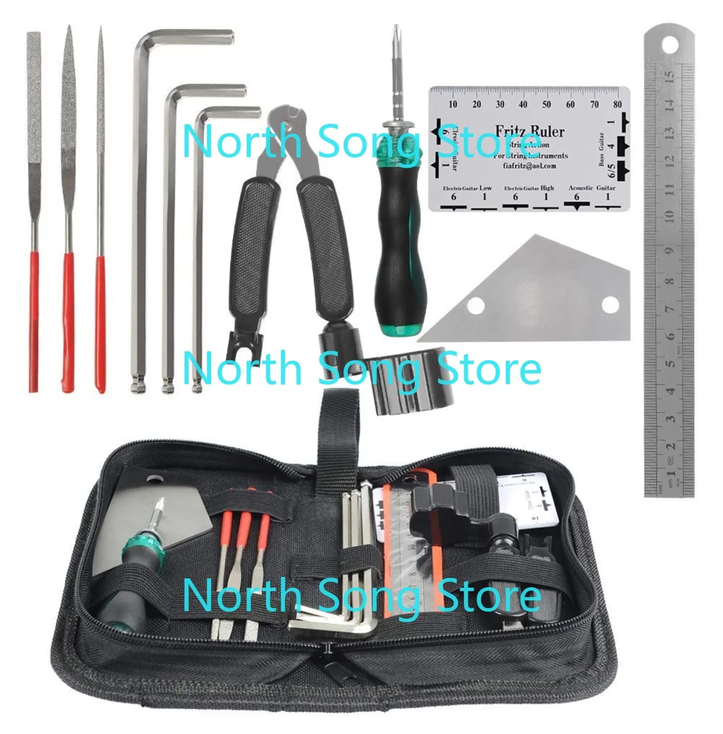 Kit di attrezzi per chitarra da 12 pezzi, kit di manutenzione per chitarra con borsa per il trasporto, kit di riparazione per chitarra elettrica acustica Ukulele Basso Banjo