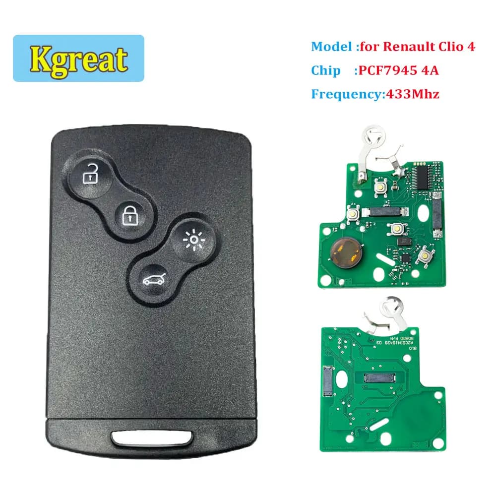 Smart Card Chiave A Distanza Per Auto 4 Bottoni PCF7945 4A Chip 433 Mhz per Renault Clio 4 Captur Passivo Keyless Go Ingresso A Distanza Vivavoce