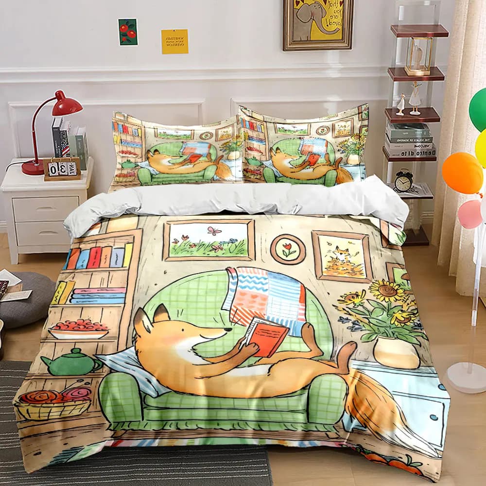 Set Copripiumino Stampato con Volpe Rilassata che Legge sulla Poltrona, 1 Copripiumino + 2 Federe, Diverse Misure, Decorazione per Camera da Letto