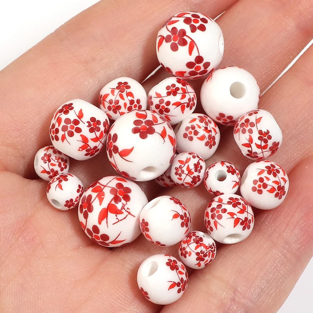 20-30pcs/lot 6/8/10/12mm Jingdezhen Ceramic Beads Red Floral Round Loose Spacer Bead For Jewelry Making DIY Necklace Bracelet