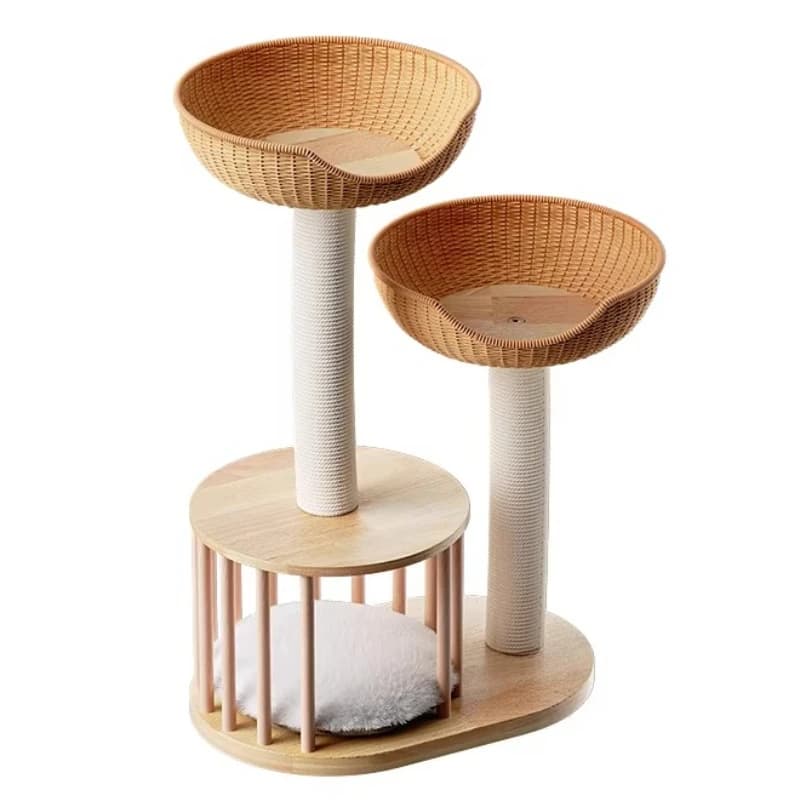 Cuccia per Gatti in Legno Massello e Rattan, Design Integrato Salvaspazio, Capsula in Sisal per Piccoli Appartamenti
