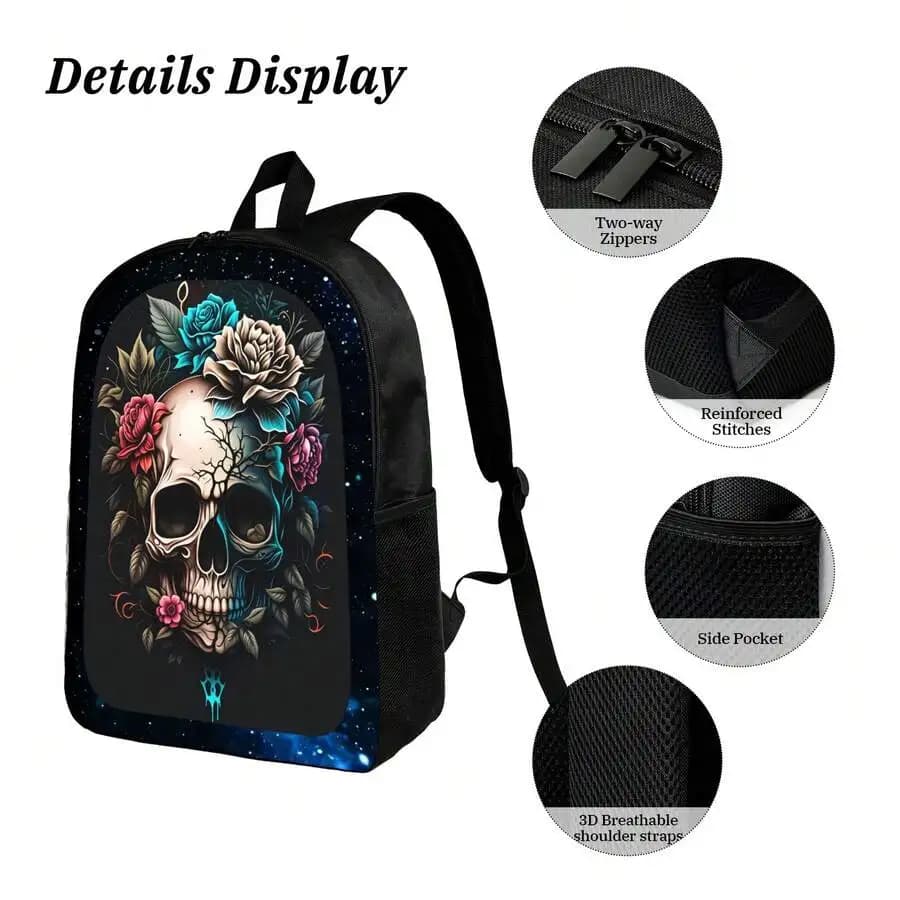 Skull Floral Print Backpack For Adults Lightweight Daily Use Adjustable Straps Zipper Closure