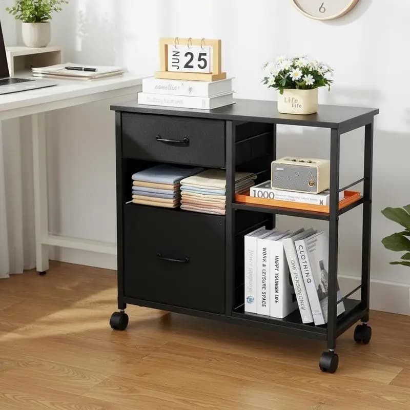 Organizzatore per Documenti in Acciaio 40x40x68 cm per Casa, Ufficio, Studio, Camera da Letto, 3 Contenitori in Tessuto, 2 Ripiani Portaoggetti, Ruote Scorrevoli, Struttura in Metallo e Truciolato, Compatibile con Formato Letter e A4, Nero