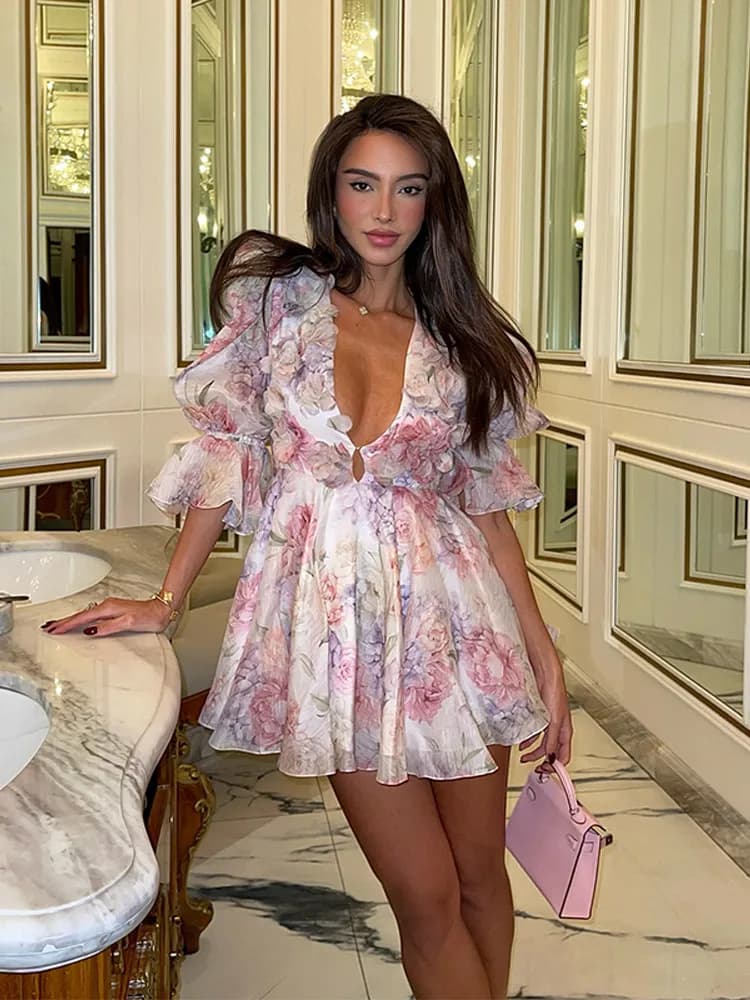 Abiti eleganti con maniche svasate increspate a strati stampati Abito da donna sexy con scollo a V profondo a vita alta Nuovi abiti da festa in spiaggia femminile