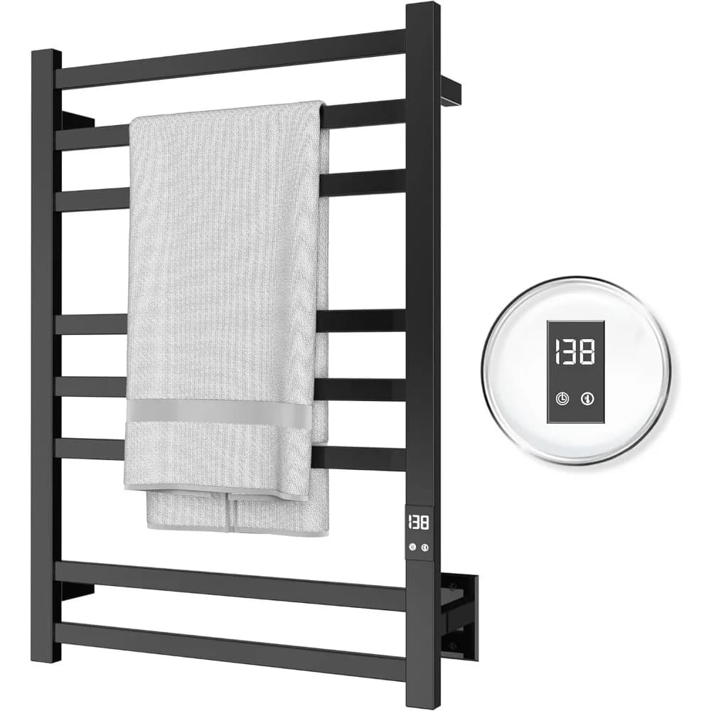 Scaldasalviette Elettrico da Parete 8 Bar, Riscaldatore per Bagno e Spa, Riscaldamento Rapido con Timer di Spegnimento Automatico, Nero Opaco