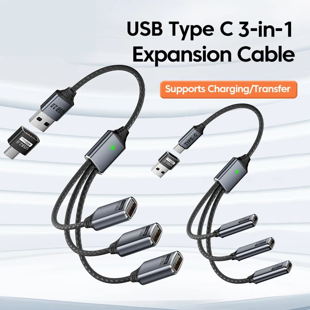 Hub USB Type-C 3 in 1, Cavo di Espansione Multiporta, Splitter, Adattatore di Alimentazione per Ricarica OTG per Telefoni e Tablet