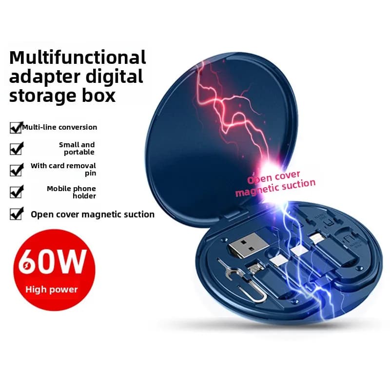 Multifunctional PD 60W USB Type C Data Cable Set Fast Charging for iPhone Xiaomi Charger Storage Box Adapter Card Pin Travel Box