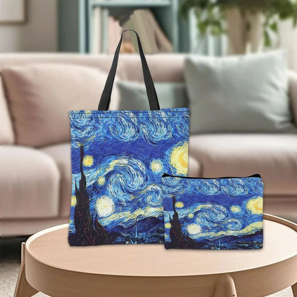 Van Gogh series tote bag Cosmetics Case Oil Painting Starry Night Sunflower Travel bag Practice bag for combined shopping
