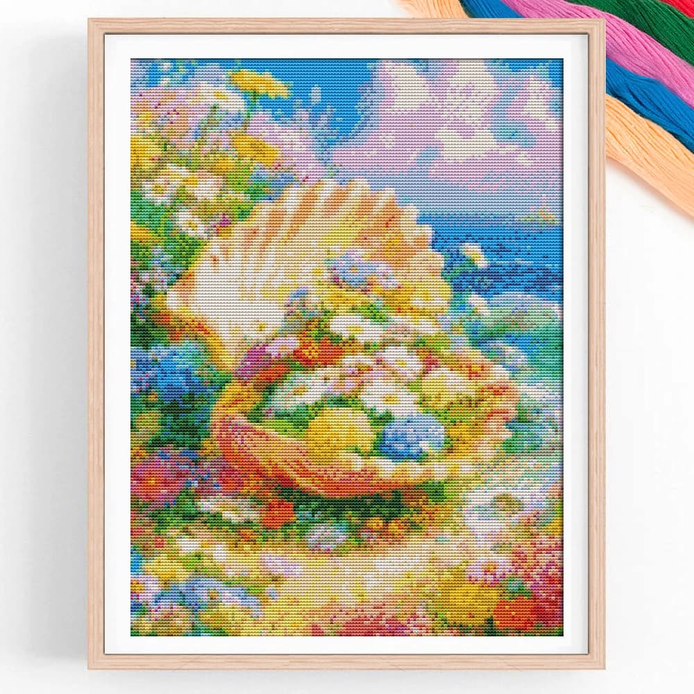 Quadro Decorativo Ricamato 11CT con Margherite e Conchiglie, Stampa su Tessuto, Nuovo Dipinto Decorativo
