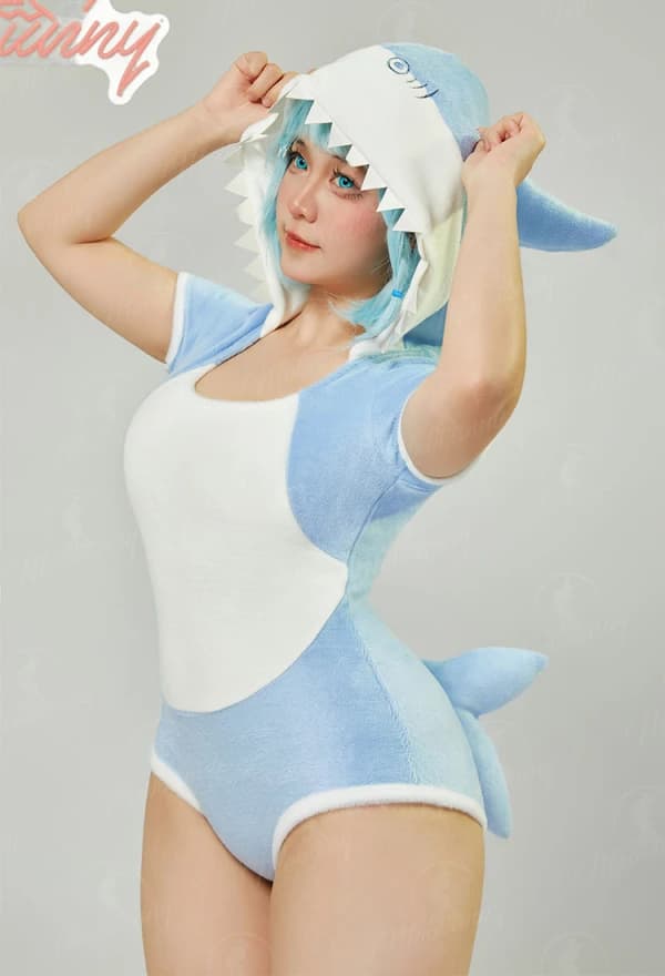 Mobbunny Women Sexy Lingerie Set Blue Shark Hooded Pajama Bodysuit with Tail Kawaii Bodycon Romper Homewear Cosplay Costume