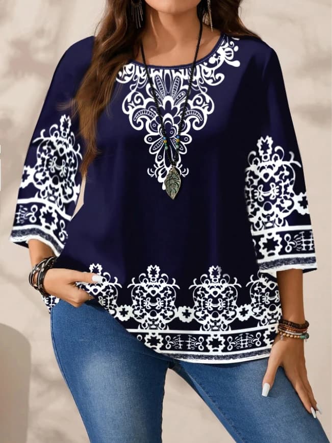 T-shirt da donna con stampa Boho taglie forti, blu navy con motivi floreali bianchi, maniche a 3/4, super comoda per l'abbigliamento casual quotidiano