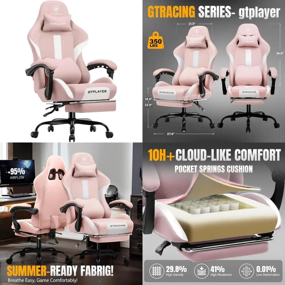 Sedia da gioco ergonomica con schienale alto con poggiapiedi e cuscino a molla tascabile, tessuto traspirante per un comodo uso in scrivania da ufficio
