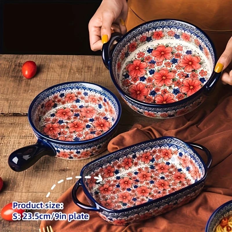 Teglie per arrostire in ceramica dipinte a mano con manici - Bakeware dal design floreale per forno, piatto per casseruola, cottura al formaggio, padella per lasagne