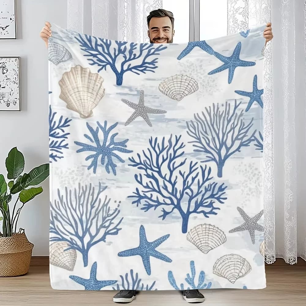 Coperta VIKAMA Ispirata all'Oceano con Stampa di Coralli, Stelle Marine e Conchiglie, Calda per Divano e Camera da Letto, Coperta per Pisolino, Stile Ins, Coperta Decorativa per Casa