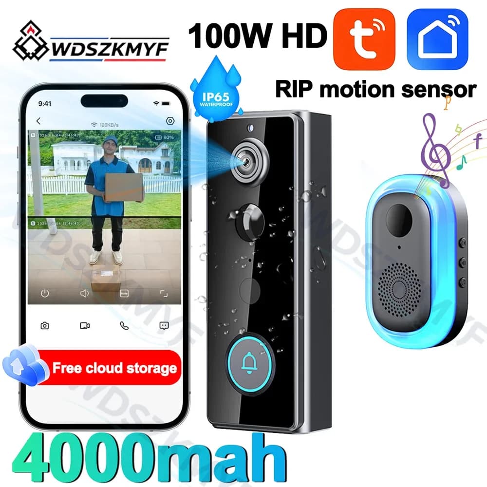 TUYA 2.4G WiFi Video Doorbell 1080P Wireless Bell Tuya APP Smart Intercom Camera IP65 Waterproof Ring Bell with 4000mAh Battery