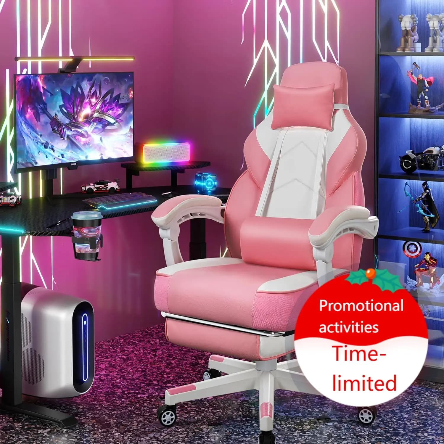 Sedia da Gaming Grande e Alta per Adulti, Sedia da Computer Resistente da 150 kg con Poggiapiedi e Supporto Lombare Massaggiante, Seduta Larga e Schienale Alto