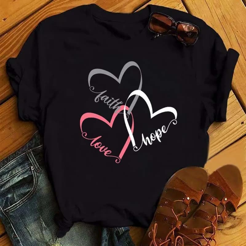T-shirt da donna divertente con stampa Faith Hope Love, stile Harajuku, estivo, casual, a maniche corte, nuovo, con cuore, nero