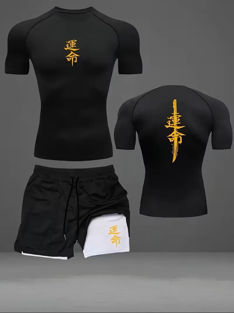 Set da uomo 2 pezzi: T-shirt sportiva e pantaloncini a doppio strato, design stampato, tessuto in maglia di poliestere traspirante ad asciugatura rapida, girocollo