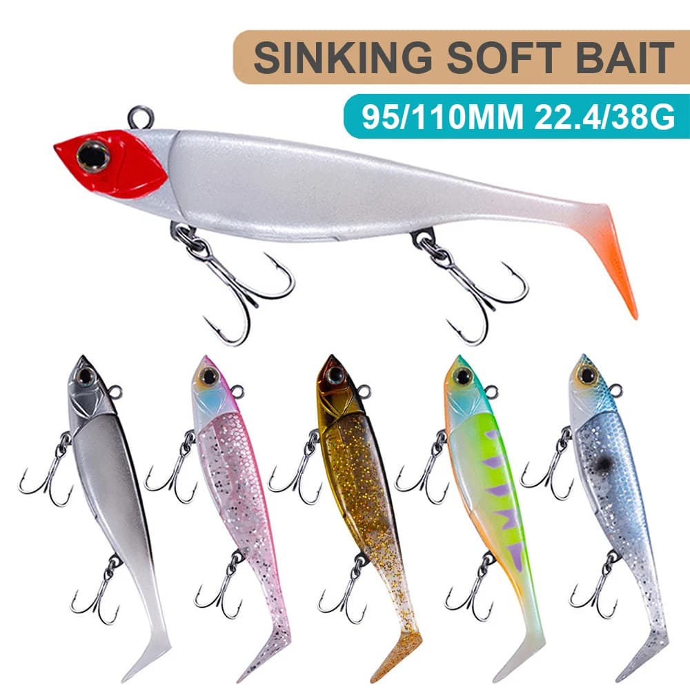 9.5/11 centimetri 22.4/38g Esche Da Pesca Affondamento T Coda Jig Testa Esca Morbida Wobbler Colata Lunga Pesca Acqua di Mare trota Bass Esca RE100
