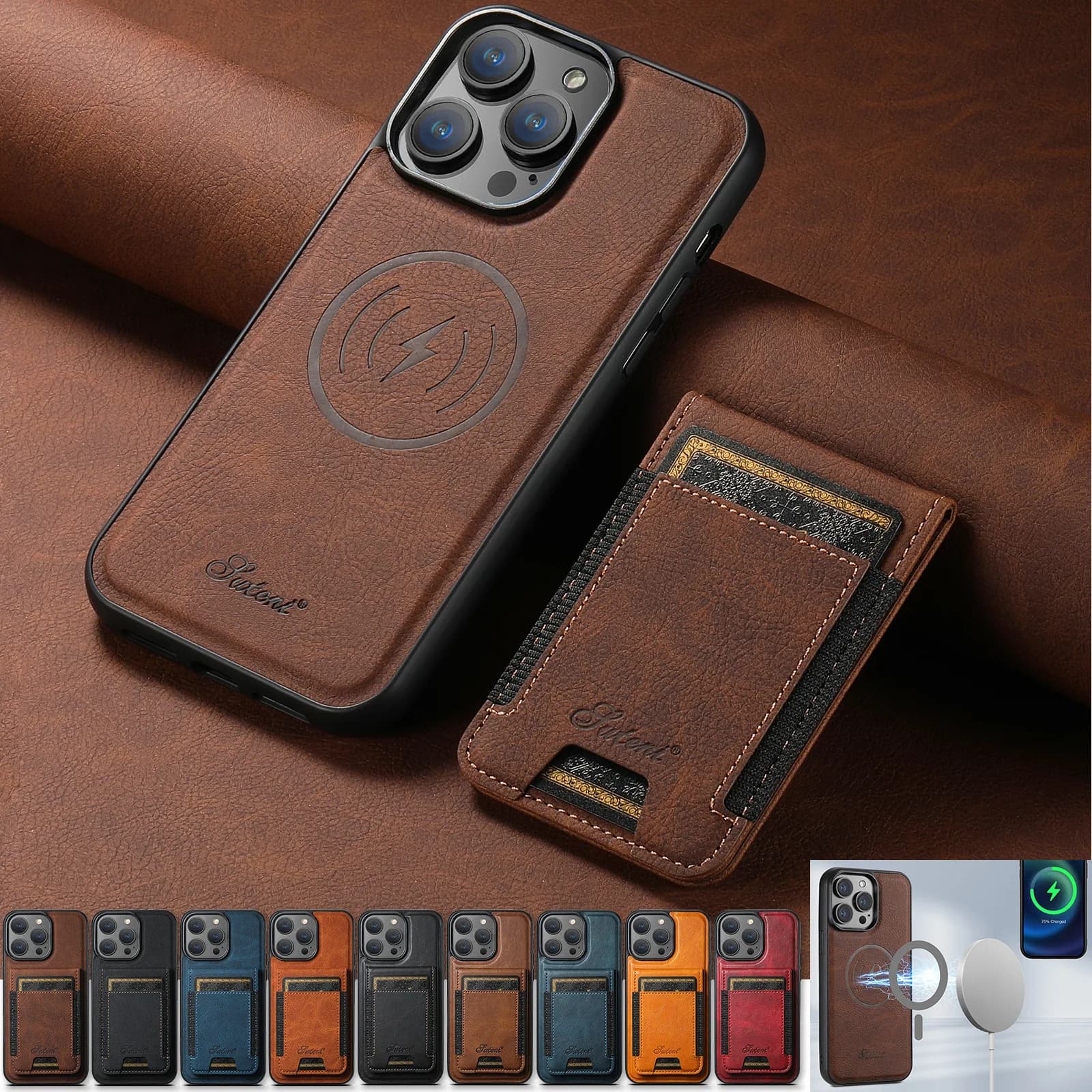 Custodia Magnetica per Ricarica Wireless per iPhone 17 16 14 13 12 15 Pro Max 16 Plus 17 Air, in Pelle, con Porta Carte e Funzione Portafoglio