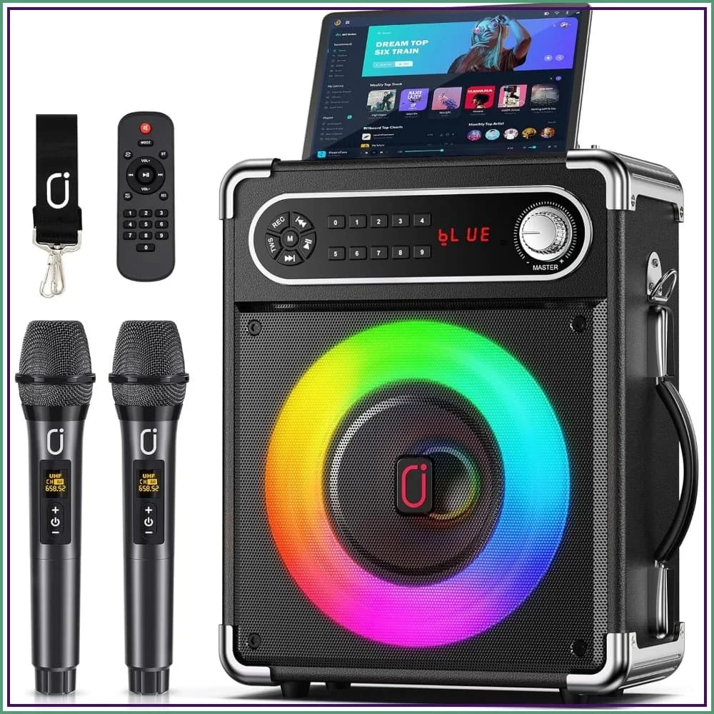 Karaoke Machine with Two Wireless Microphones, Portable Bluetooth Speaker with Bass/Treble Adjustment, PA System with Remote Control, LED Lights, Supports TF Card/USB/AUX/TWS