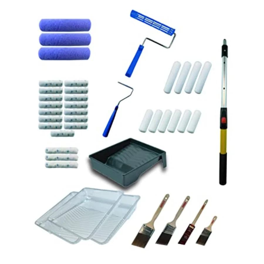 Painters Dream Kit Professionale da 42 Pezzi per Pittura d'Interni, Set per Appaltatori con Asta Telescopica da 1'-2' e Angolatore per Telaio