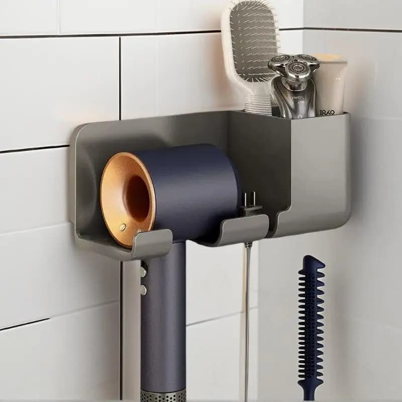 Wall-Mounted Hair Dryer Holder - No Drilling Required, Plastic Bathroom Storage Rack With Multiple Compartments For Hair Dryers