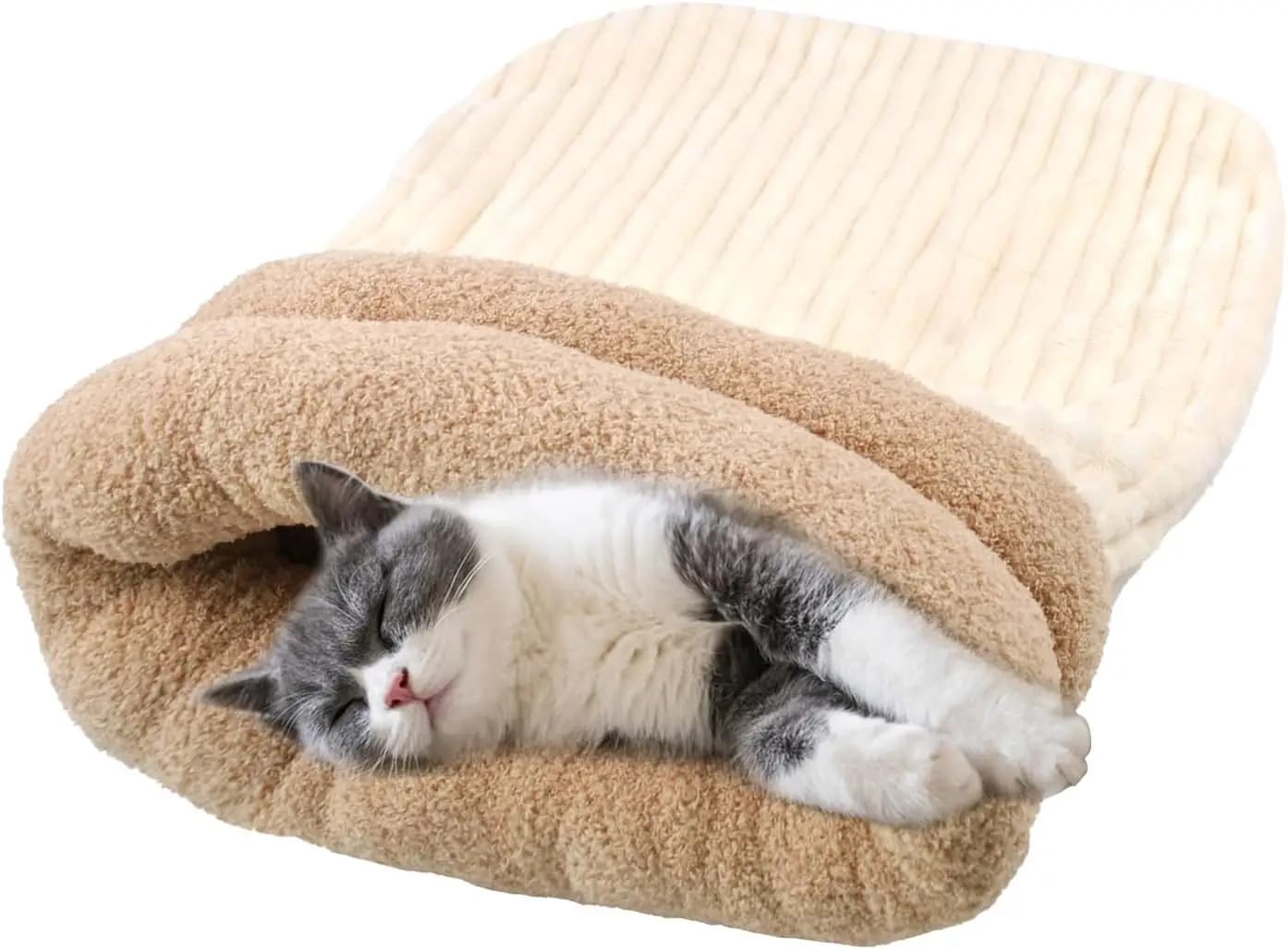 Large sleeping bag for cats in soft plush, cozy and warm cave bed for kittens for winter (white)