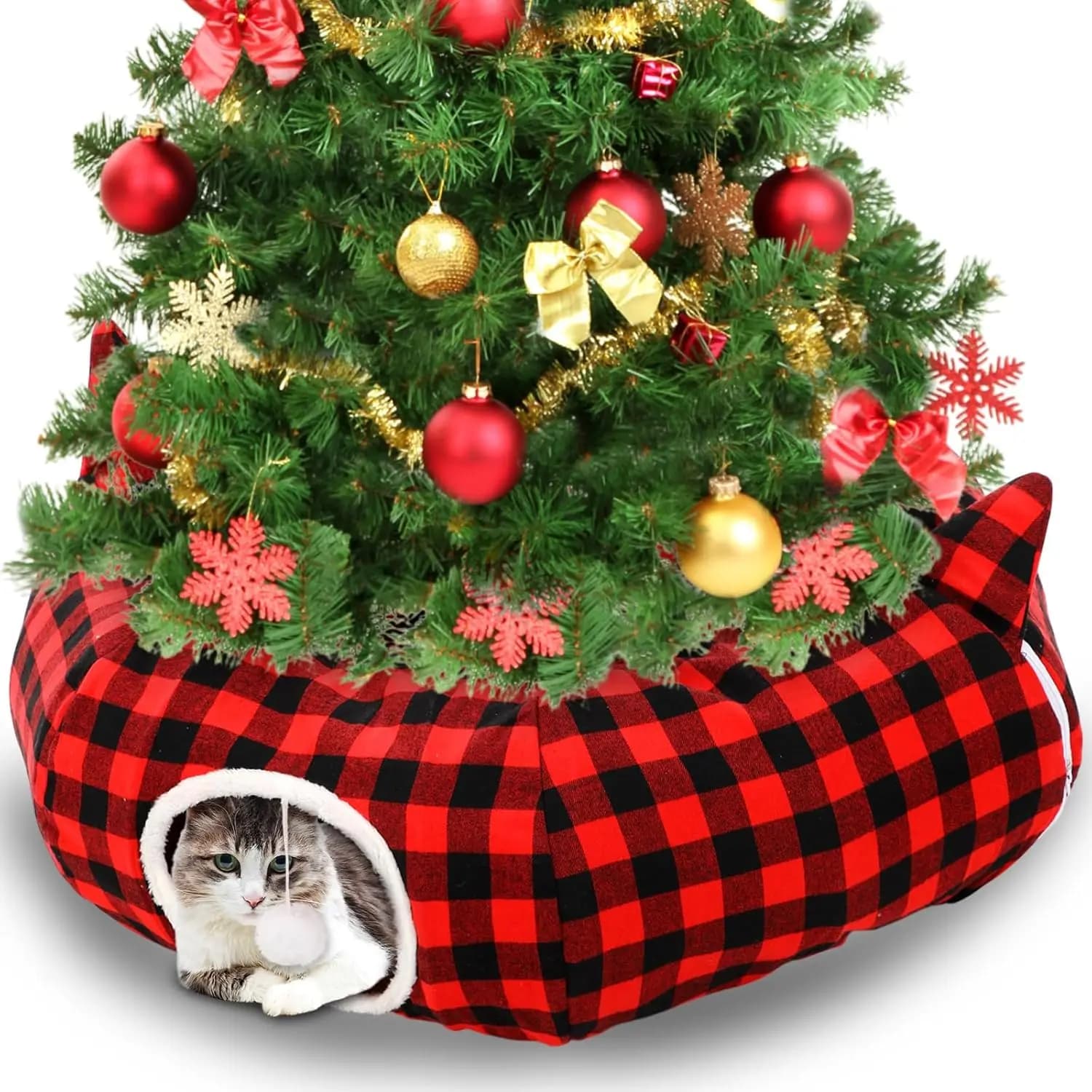 Tunnel per gatti con gonna per albero di Natale, letto per gatti scozzese di bufalo da 33,9' con palla sospesa, arredamento natalizio rosso e nero
