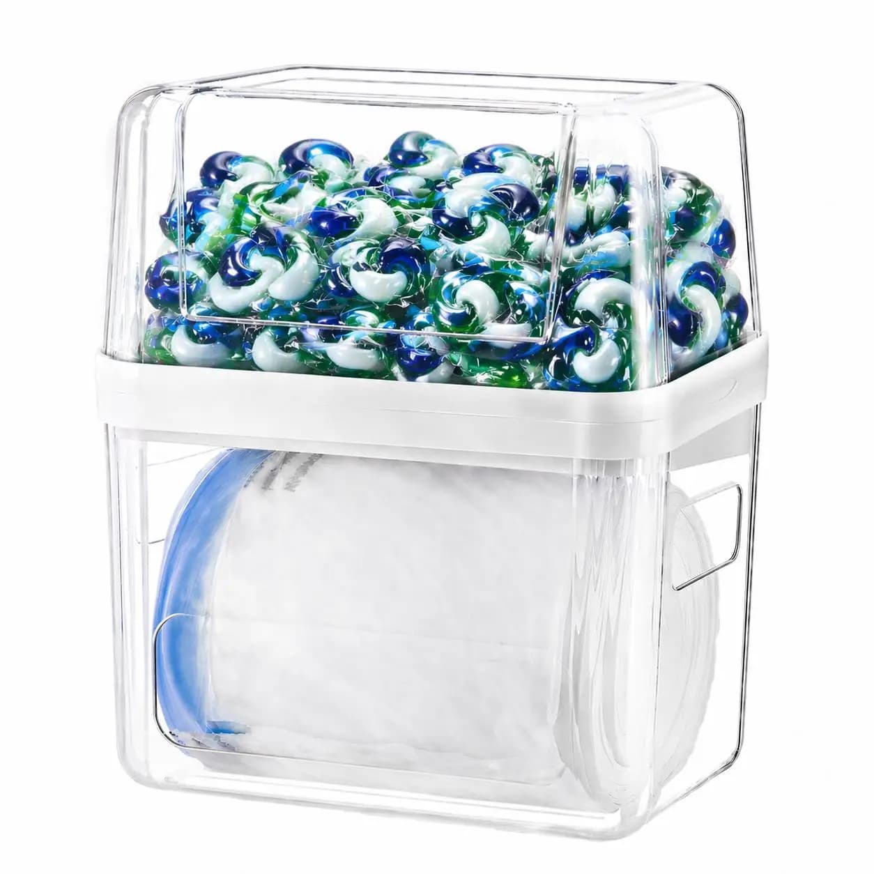 3-In-1 Clear Trash Bag Dispenser Dishwasher Pod Holder Under Sink Organizer Box Laundry Detergent Tabs Storage Bin For Kitchen Laundry Room Cabinet 13 30 33 Gallon Garbage Bag Container